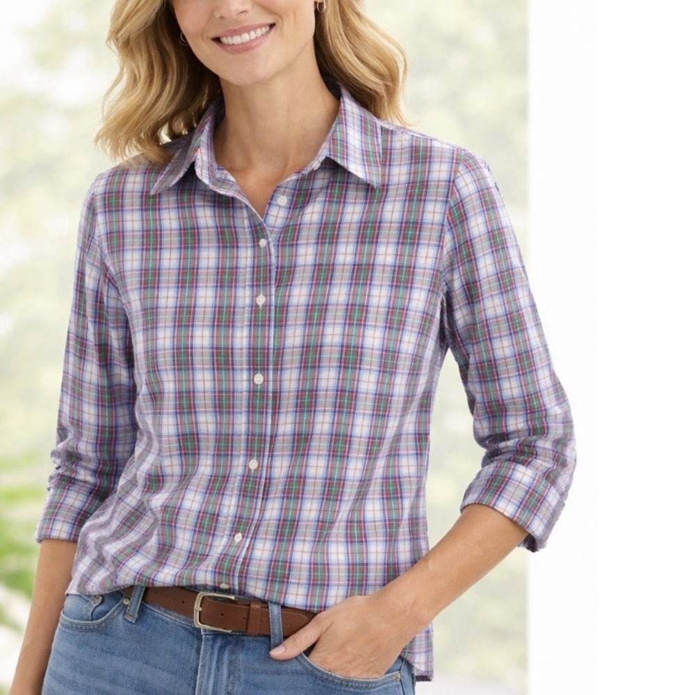 LL Bean Red White‎ Plaid Long Sleeve Pinpoint Oxford Button Shirt LARGE PETITE